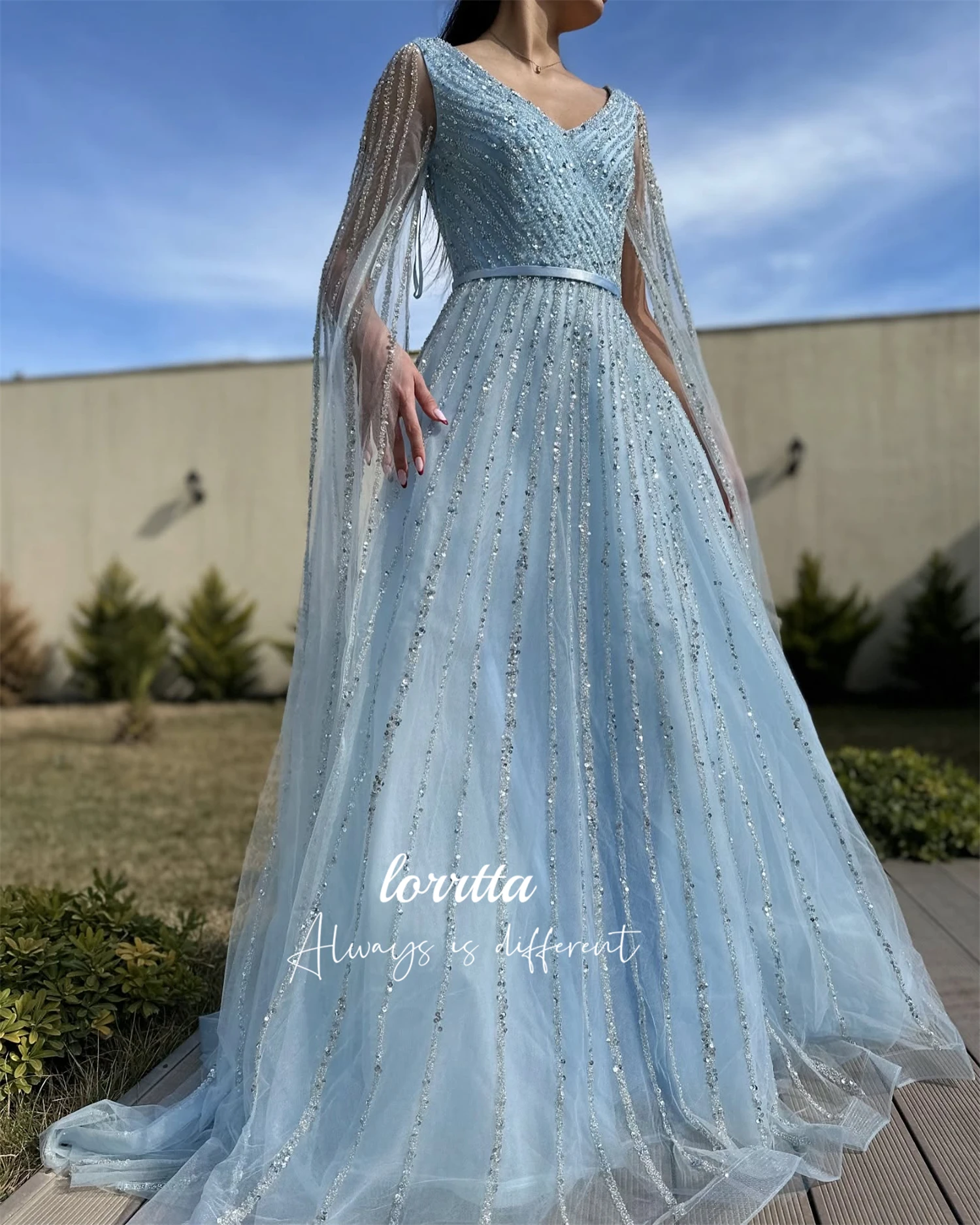 Lorrtta-Robe de Soirée en Tissu Brcorporelle Ligne A, Luxueuse, Châle Formel, Col en V, pour les Occasions Spéciales, Bal Personnalisé