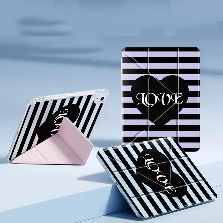Love Black Stripes Holder Cover Tablet Case For iPad Pro 11th 10th 9th 8th 12 Mini 6 7 Pro 2025 Air 4 5 M3 M2 M4 11inch Y-Fold