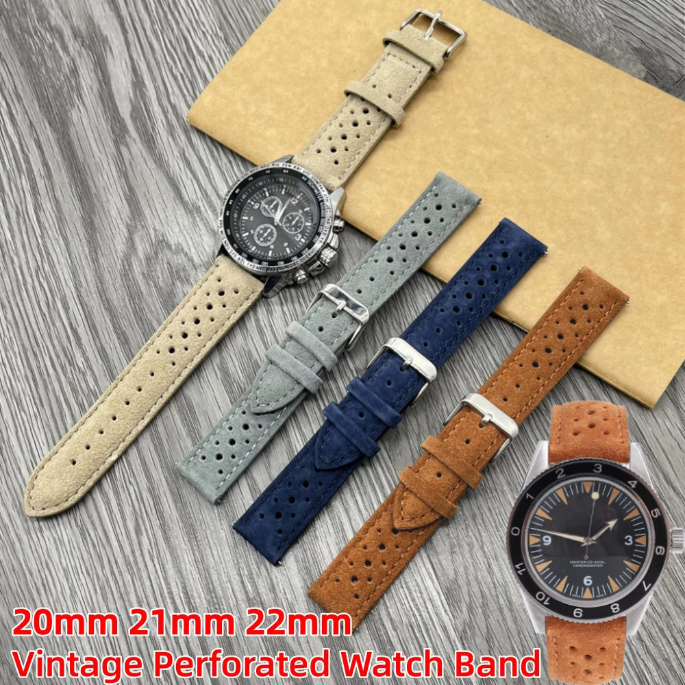 20mm 21mm 22mm Vintage Perforated Suede Leather Watch Band For Omega Grand Seiko Tag Heuer Rolex Tudor Replacement Racing Strap