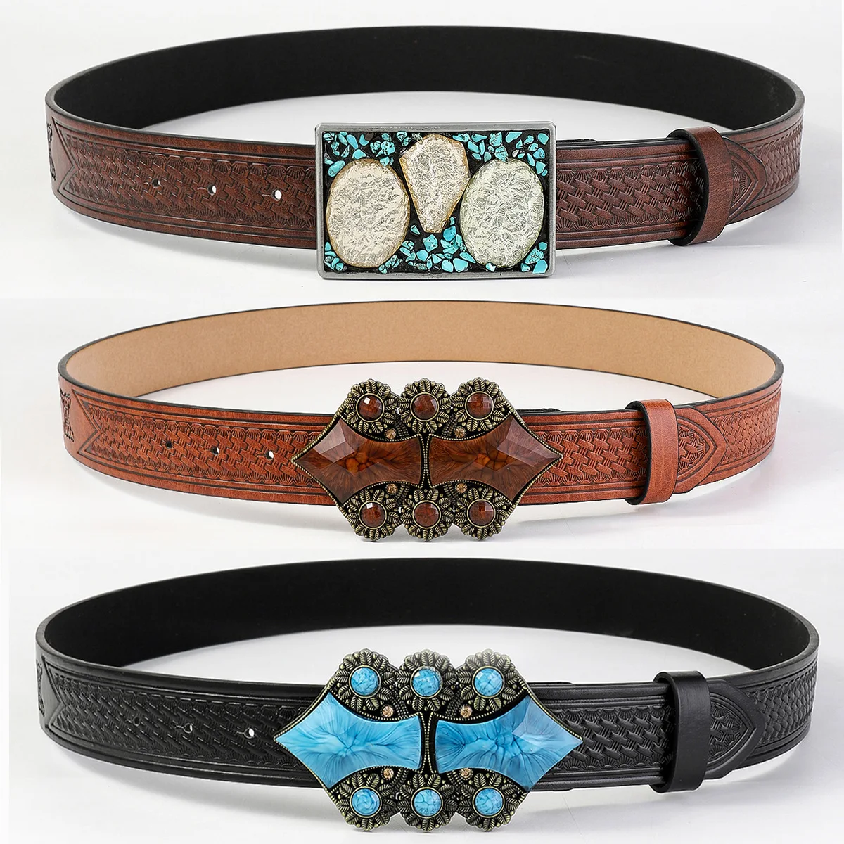 Wholesale Bohemian Style Women PU Leather Embossed Jeans Belts Strap 130CM Plus Size Rhinestone Buckle Ceinture Homme Waist Belt