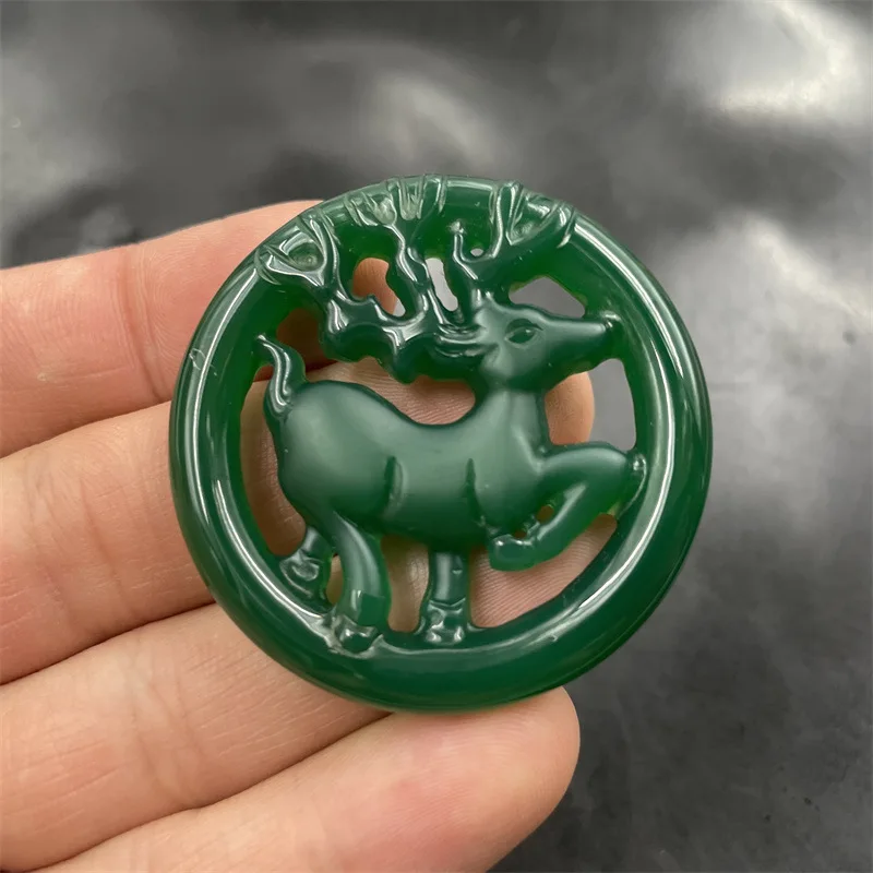 Double-Sided Hollow-Carved Green And Deer , You Are With Me All Way Agate Charm, Jade Pendant