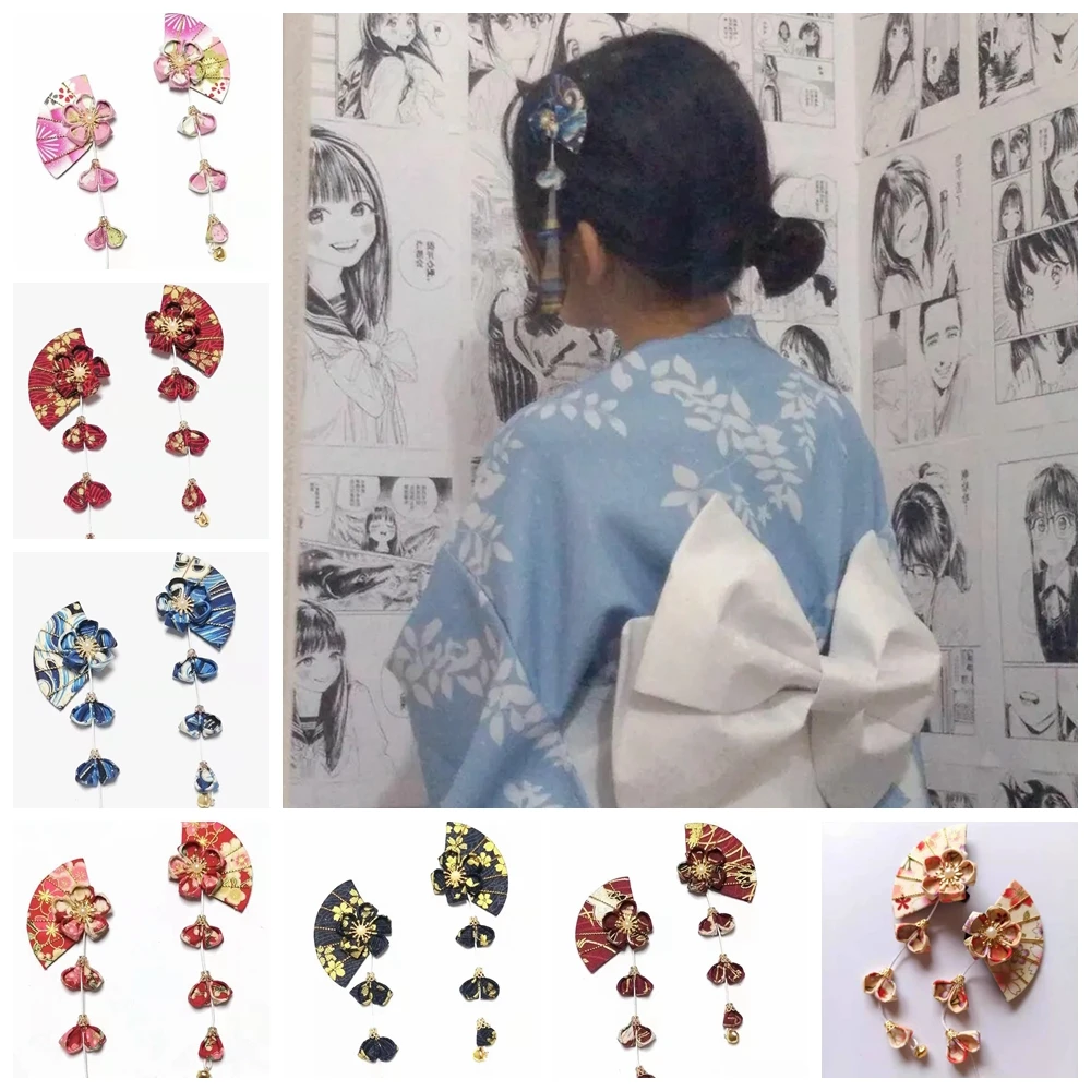 

Japanese Yukata Festvial Kimono Handmade Fabric Flower Folding Fan Hair Accessories Clip Tassel Headwear Headdress Barrette