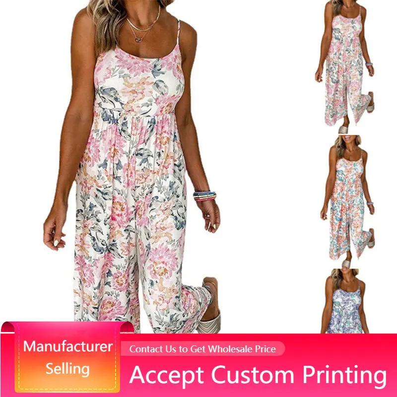 

Lady Jumpsuit Summer Floral Print Sexy Jumpsuit Casual Loose Pleated Wide Leg Pants High Waist Suspender Backless Jumpsuit