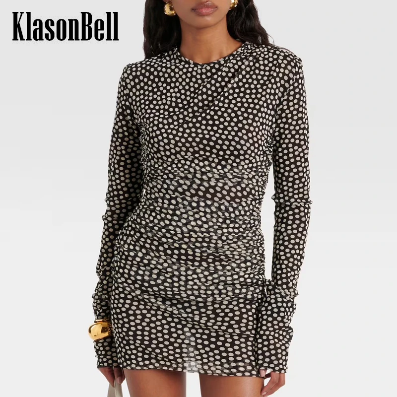 

3.12 KlasonBell Print Polka Dot Long Sleeve Mesh Dress 2024 New Women Round Neck Draped Dresses Simple Sexy High End Female Clot