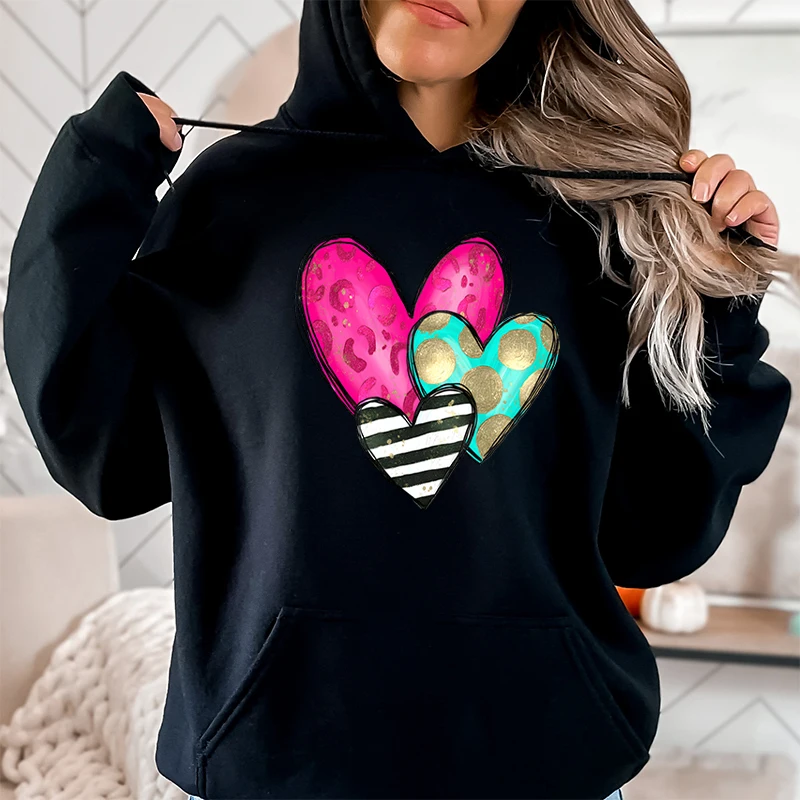 Heart Print Winter Casual Hoodies For Women Graphic Patten Hooded Hoodies Long-sleeved Sweatshirts Fashion Ladies Pullovers