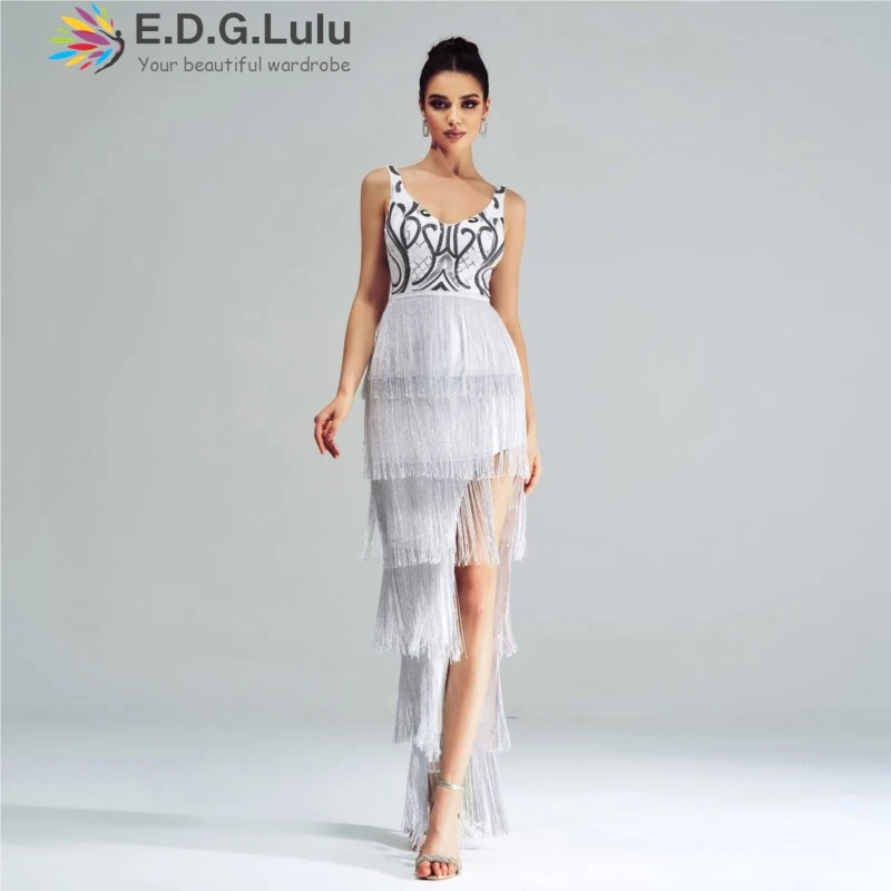 EDGLuLu Sexy V-Neck Sequin Print Patchwork Tassels Long Dresses Luxury Women 2024 Sexy Sleeveless Backless Party Dress 1130