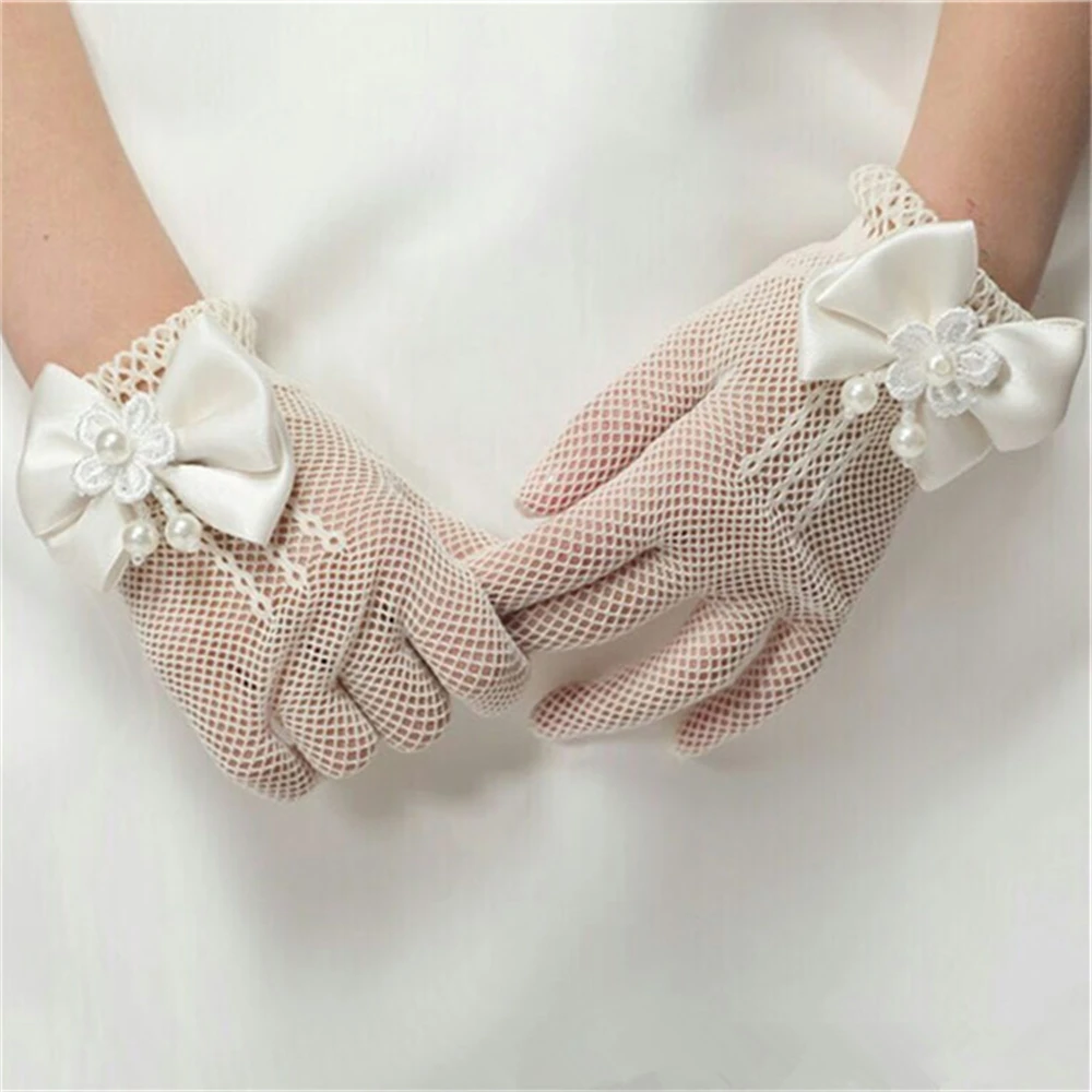 Wedding Gloves For Brides Pearl Decorated Netting Stage Performance Princess Style High Elasticity Mesh Bow White Pink Gloves