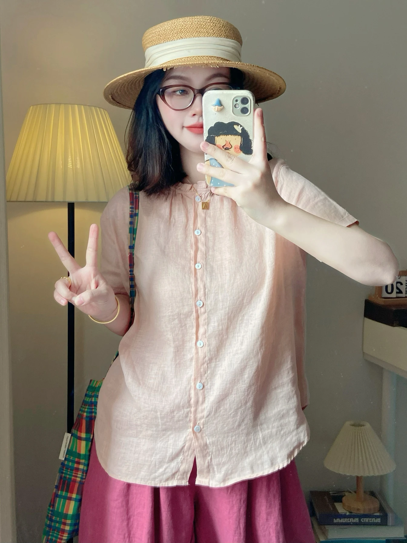 

Retro Japanese Style Loose Fit Slimming Cotton Linen Shirt Women's Short Sleeve Top Wood Grain Design Casual Fashion