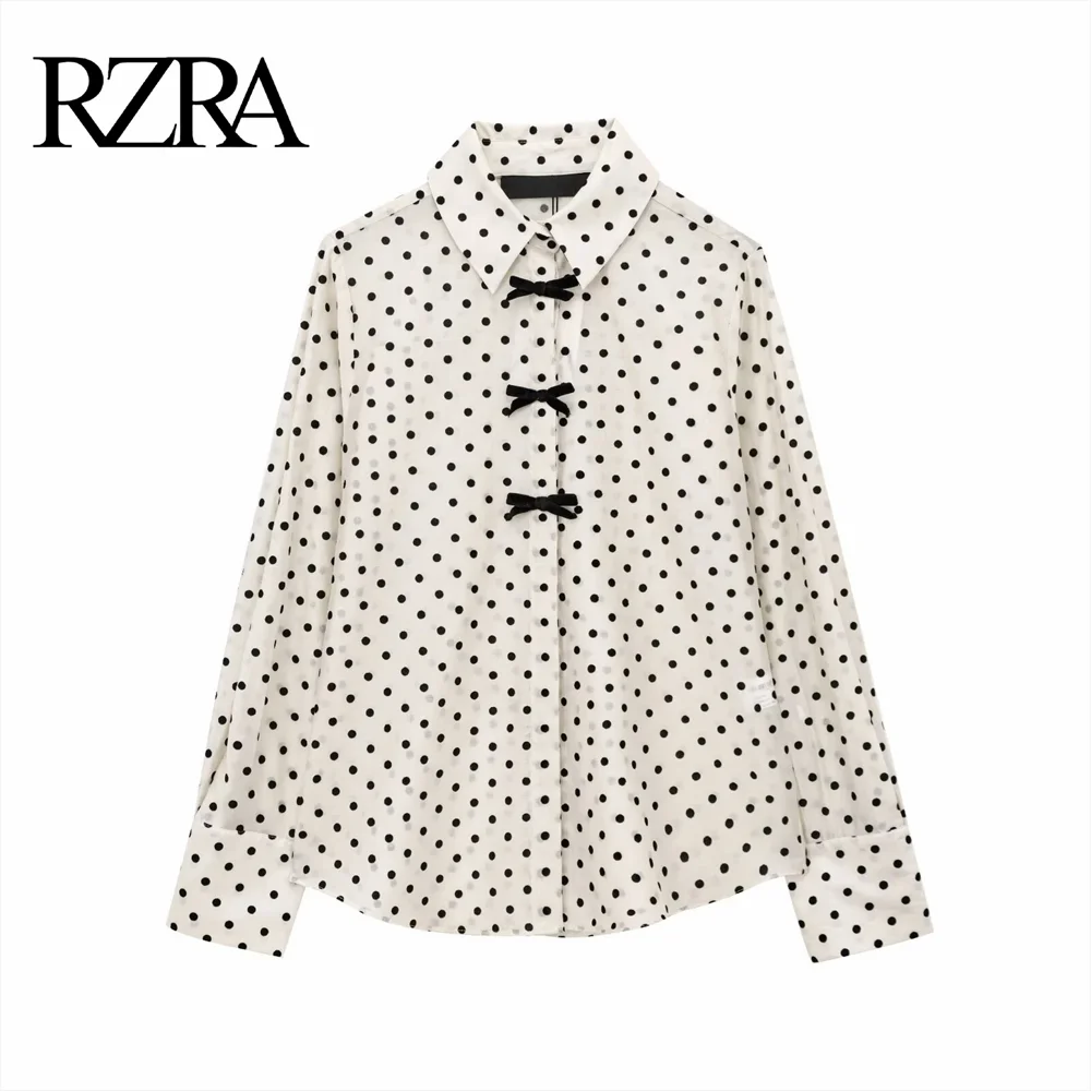 

2025 RZRA Spring New Women's Fashion Casual Bow Decoration Dot Comfortable Long Sleeve Polo Collar Shirt