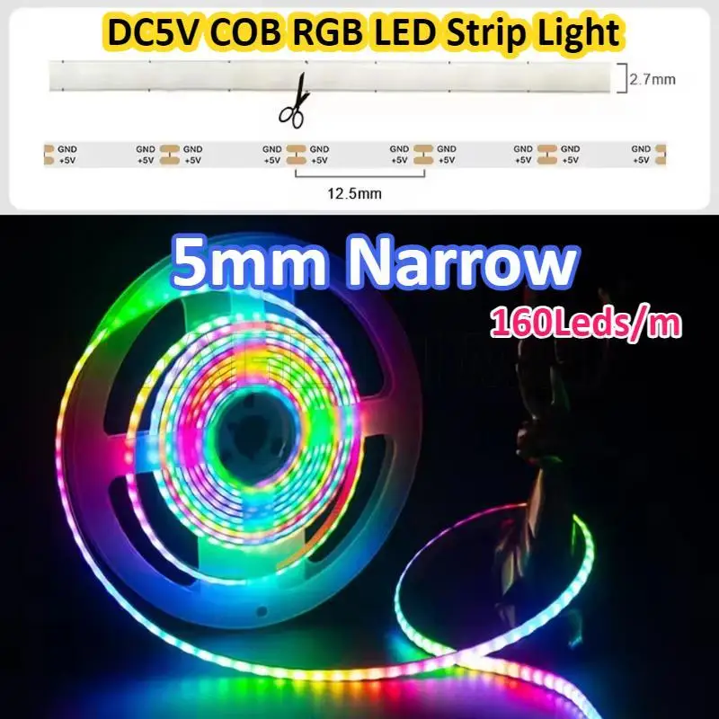 RGB COB LED Strip Light 160Led/M Dreamcolor DC5V WS2811 Individually Addressable High Density Flexible 5mm Smart Pixel COB Light