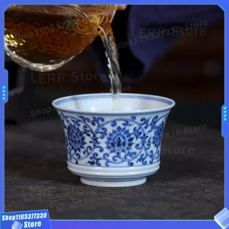 Hand Painted Blue and White Porcelain Twisted Lotus Horseshoe Cup Master Kung Fu Tea Set Underglaze Color Teacup for Drinking