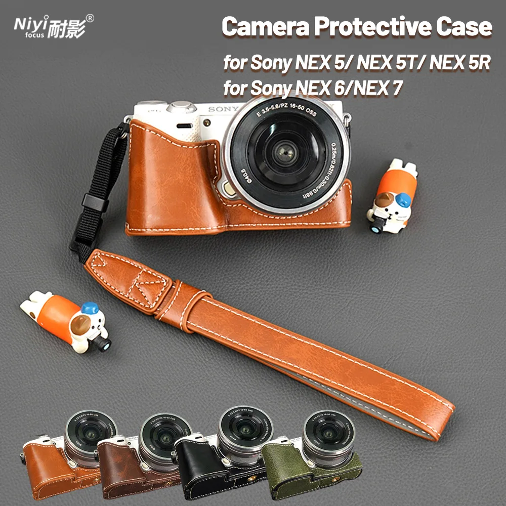 Camera Half Case for Sony NEX5 NEX5R NEX‑5T NEX6 NEX7 Camera Bace Leather Protective Case NEX-7 Bottom Battery Open Wrist Strap
