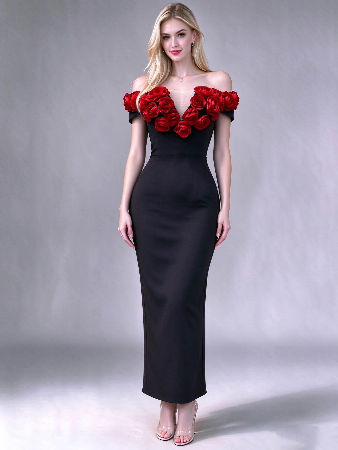 Elegant Red Rose Embroidered Long One-Shoulder Wrap Dress with Side Slit for Evening Gown European Style Slim Fit Party Dress