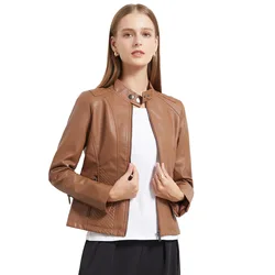 Spring Autumn Women's Leather Jacket Women's Simple Thin Jacket Long Sleeved Motorcycle Jacket Classic Retro Style Women's Coats