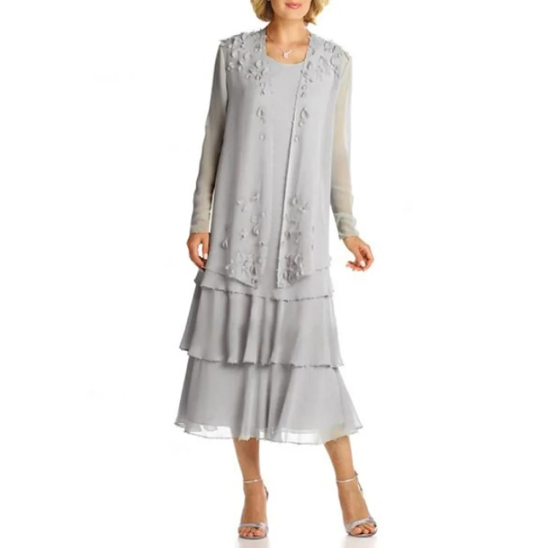 Robe personnalisée pour mère de la mariée, gris clair, en mousseline de soie, à plusieurs niveaux, longueur midi avec veste à manches longues, tenue de mariage pour femmes