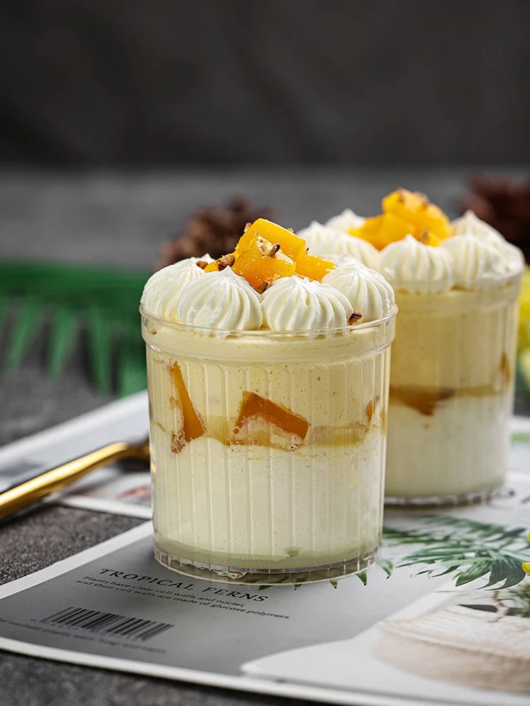 

20pcs High quality mousse cup pudding cup wood bran cup jelly cup stripe hard plastic disposable cup yogurt cake cup with lid
