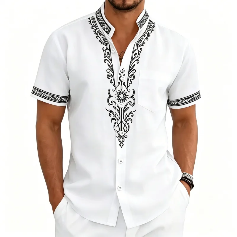 2026 New Men's Shirt Standing Collar Short Sleeved Shirt Ethnic Style Printed Top Daily Casual Vacation Business Men's Clothing