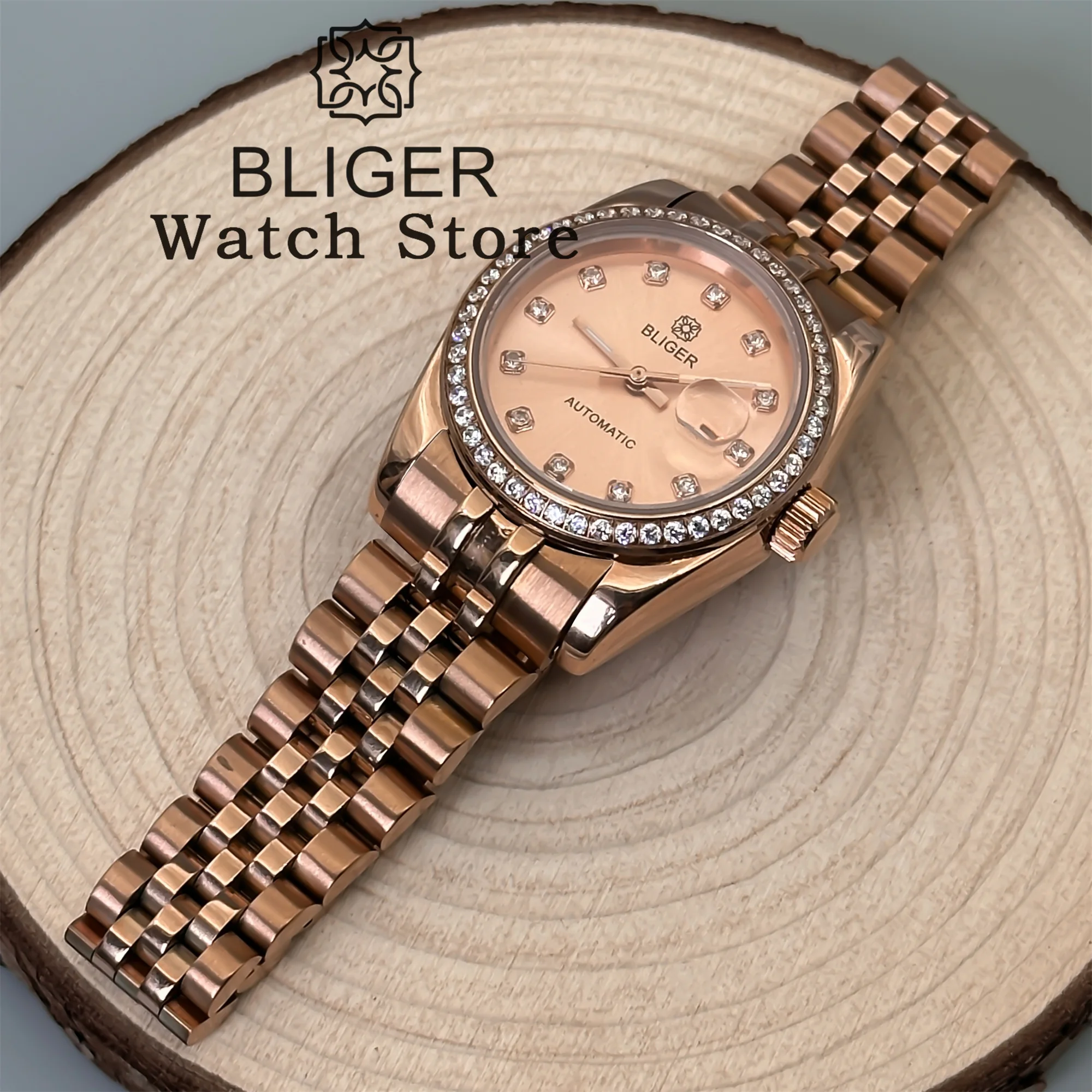 BLIGER 31 мм с бриллиантовым безелем и циферблатом Sunburst Diamond Mark NH05 Автоматические женские часы с сапфировым стеклом Роскошные наручные часы из розового золота