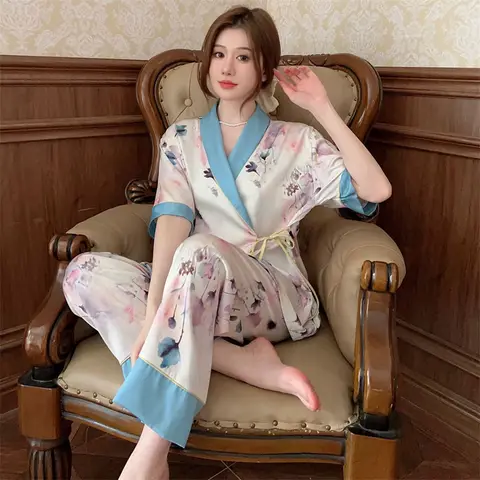 Retro Chinese Style Women Pajama Sets Cardigan Pant Suit Casual Nightwear Printed Loungewear Pyjamas Female Home Clothes