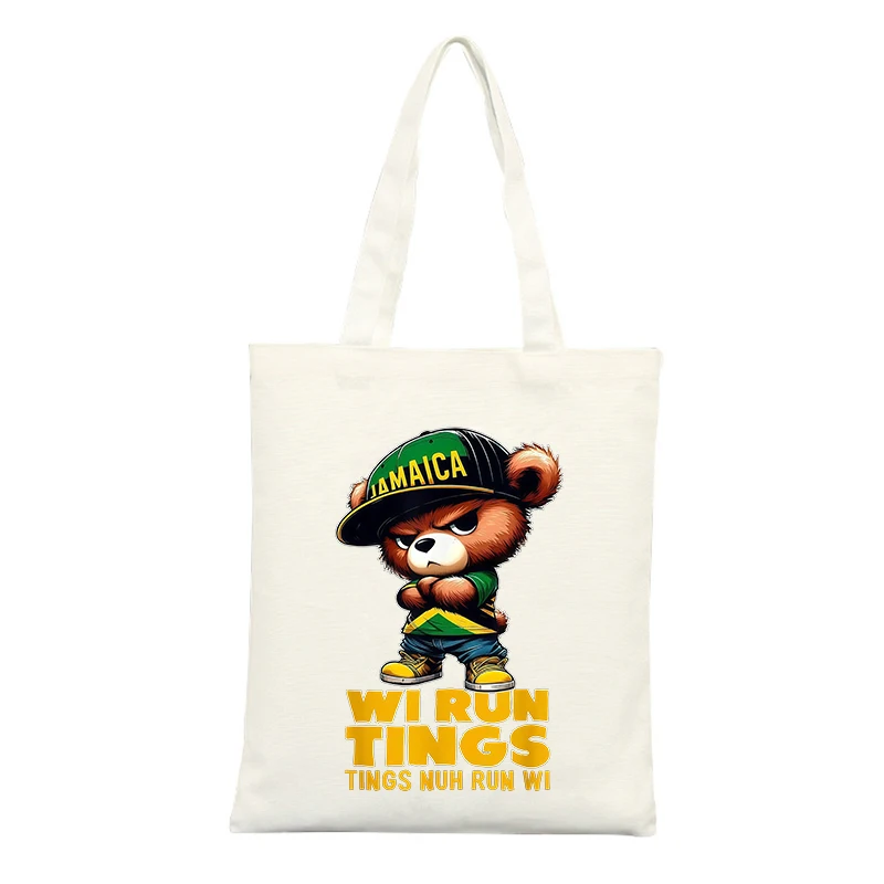 Canvas Tote Bag with Bear Graphic and Letter Print, Streetwear Style for Casual Shopping and Daily Use