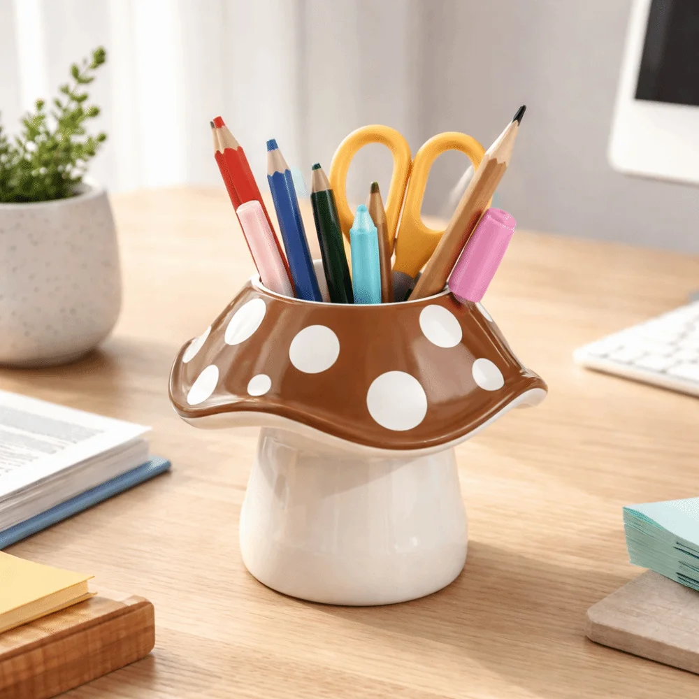 Mushroom Shape Mushroom Storage Box Polka Dot Pattern Multifunctional Design Pen Holder Storage Container Organizer Box