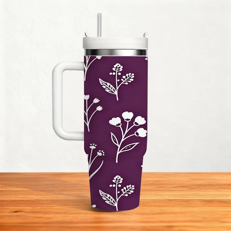 Seamless White Floral Leaf Pattern 40oz Stainless Steel Insulated Tumbler, Deep Purple Background Digital Print Water Cup, Delicate Hand-Drawn Style Drink Container for Daily Use & Outdoor Activities