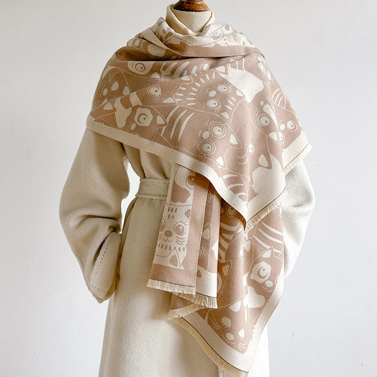 Scarf Women Full Cat Pattern Jacquard Shawl Winter Fall Neck Warmer Wool Blend Wrap Cartoon Kitten Imitation Cashmere Scarves