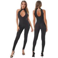 Womens Spndex Zipper Open Crotch Jumpsuit Keyhole Front Sleeveless Halter Skinny Bodysuit Pole Dance Wear