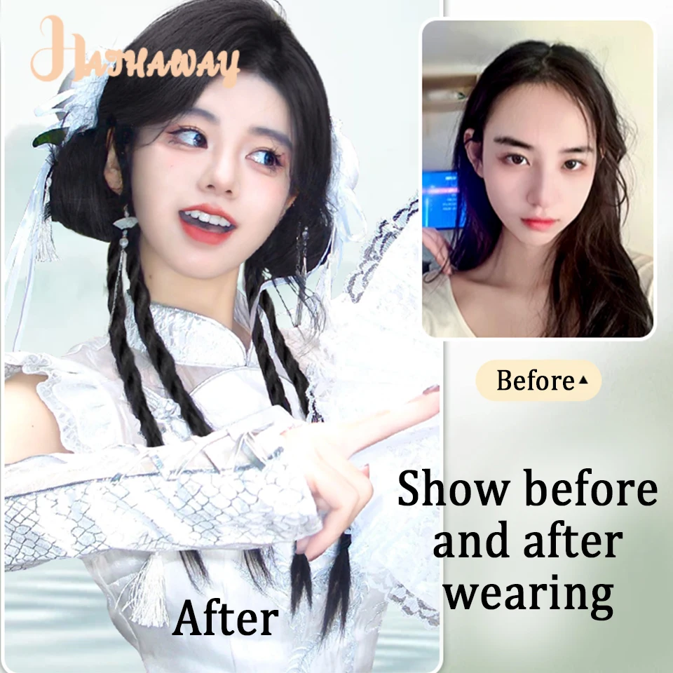 Synthetic New Chinese Double-Ball-Head Wig Decorated With Sweet And Cool Braided Hair Can Be Tied In Braided Hair The Wig Ring