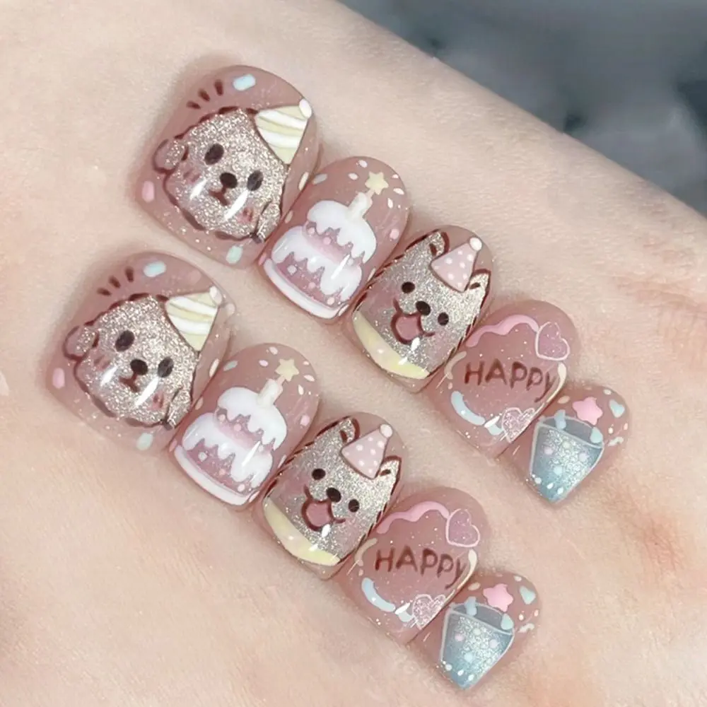 Manicure Long Almond and Short Round False Nails French Strawberry Fake Nials Detachable Bow Tie Cat Nail Tips DIY