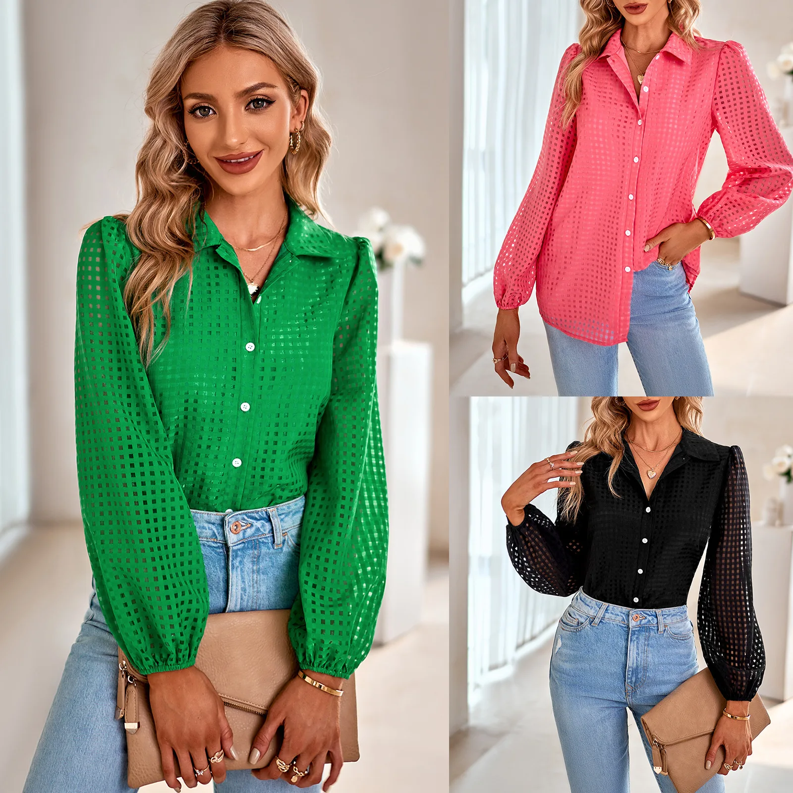 

New casual women's fashion single-breasted lapel plaid shirt women