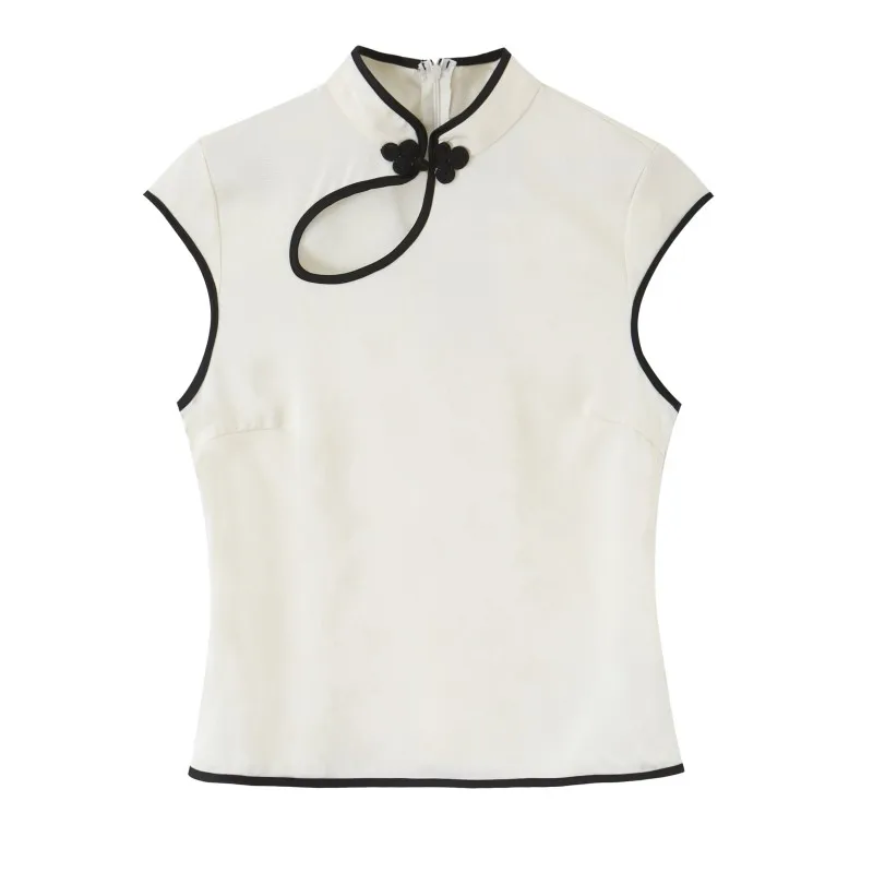Women Chinese Style Top Stand Collar Contrast Piping Sleeveless Satin Finish Blouse Summer Sweet Short Vest Shirt