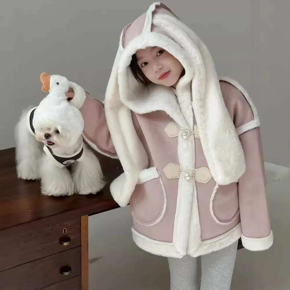 Girls Coat 2024 Winter New Childrens Clothes Girls Baby Foreign Sweet Rabbit Ears Hooded Fur Coat Casual Simple and Daily