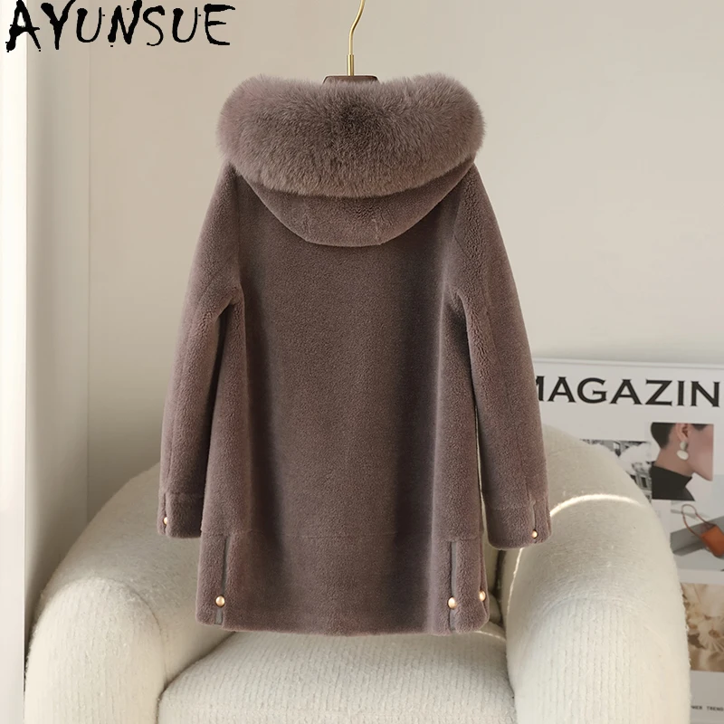 AYUNSUE 100%ウールコート レディース 2025年冬服 フォックスファー襟 羊毛コート 女性用複合毛皮コート パルト ジェンソーレ フーディー