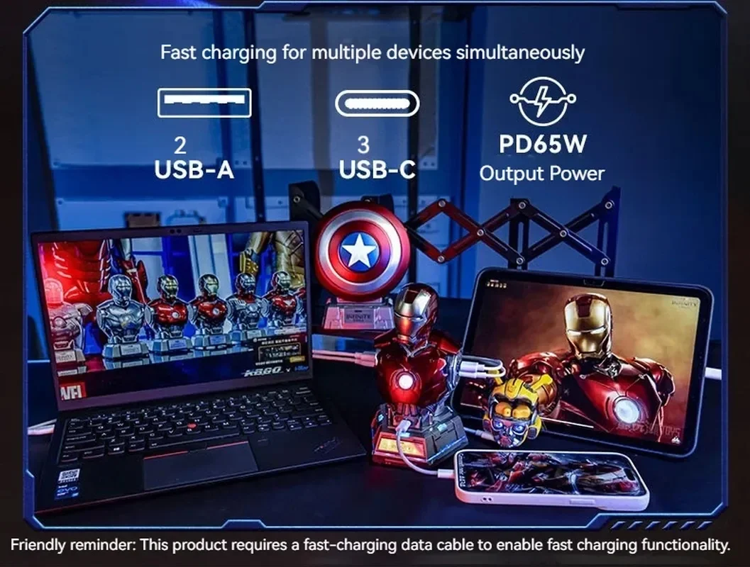 Action figure Iron Man MK3 Busto con hub di ricarica rapida da 65 W Marvel Avengers LED Light-Up da collezione Multi-Port USB-C Ricarica