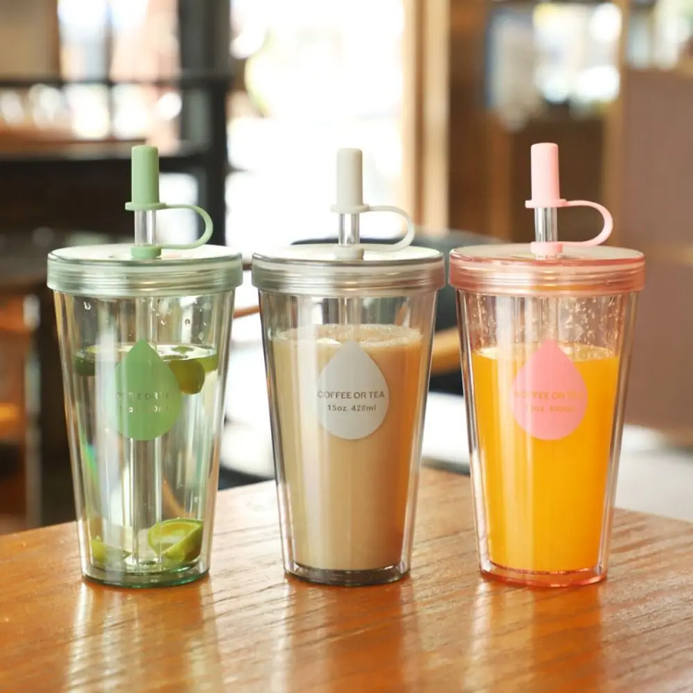 

Large Capacity Reusable Iced Coffee Cups with Lids Double Wall Plastic Tumbler Cup BPA Free 320/420/520ml Straw Bottle Drinkware