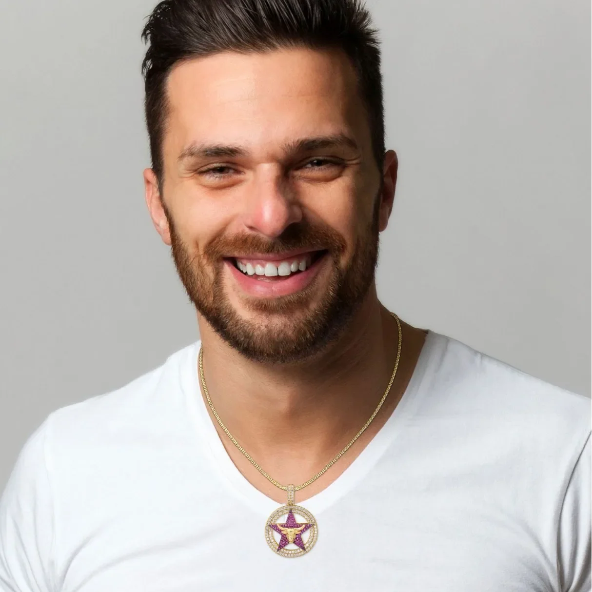 4mm Cuban Link Chain with Round Pentagram Pendant Hip Hop Men's and Women's Bullhead Necklace Gold Plated Jewelry