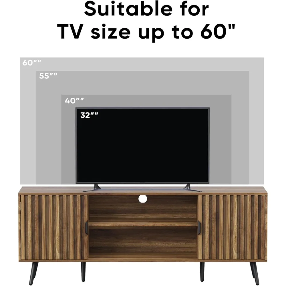 Meuble TV cannelé en noyer pour téléviseur 55 pouces, meuble TV moderne du milieu du siècle avec étagère réglable, centre de divertissement avec 2 supports C