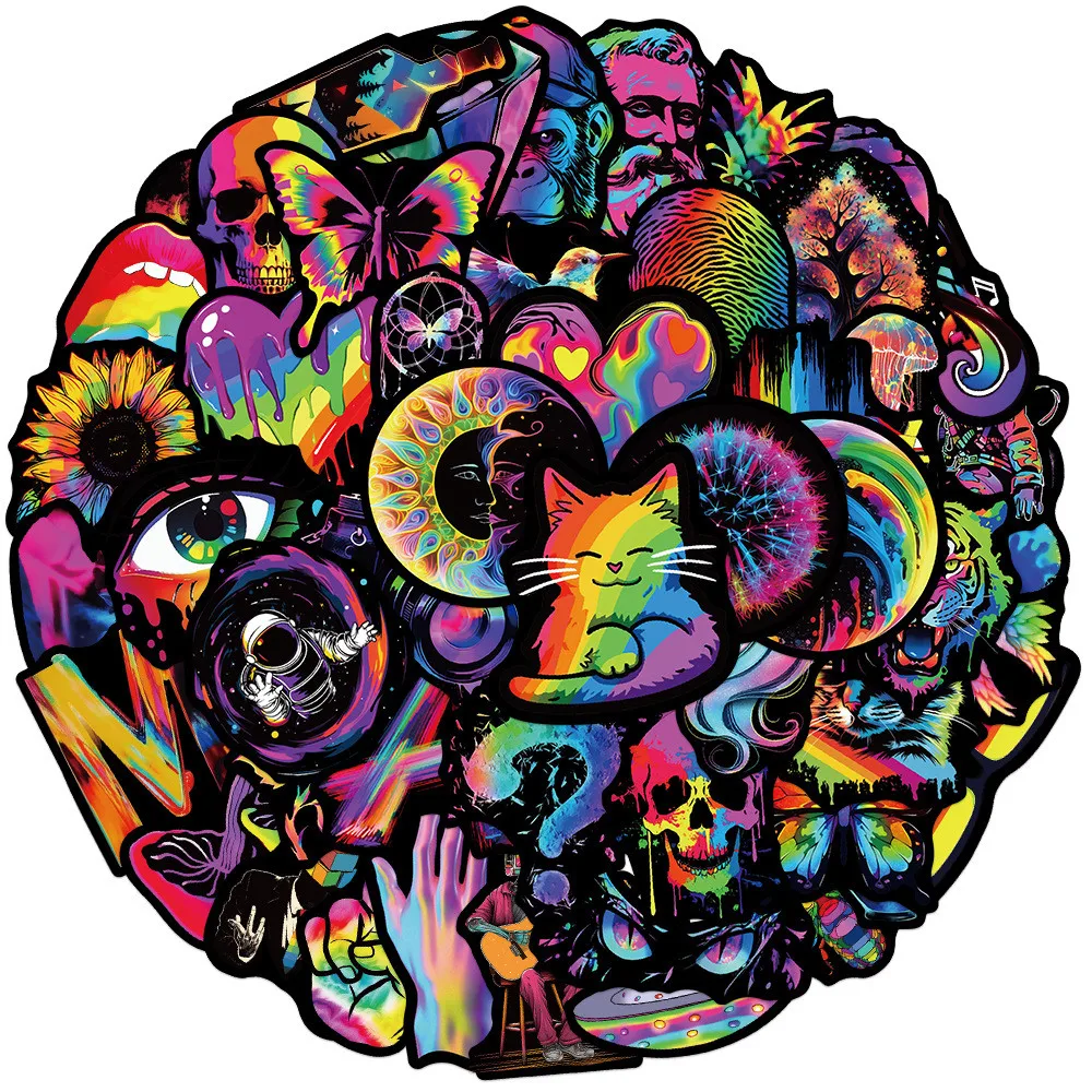 50-Piece Cartoon Black-Bordered Rainbow Graffiti Stickers Unique DIY Waterproof Decor for Guitars Notebooks Luggage Phone Cases
