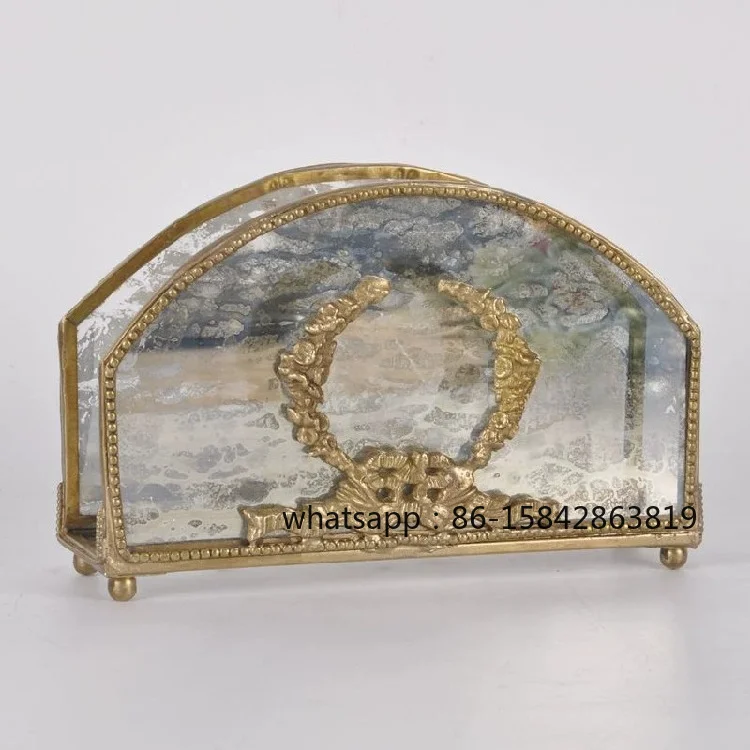 Brass Handmade Retro Glass Tissue Box Light Luxury Decorative Dining Table Napkin Box Tissue Clip Ornament