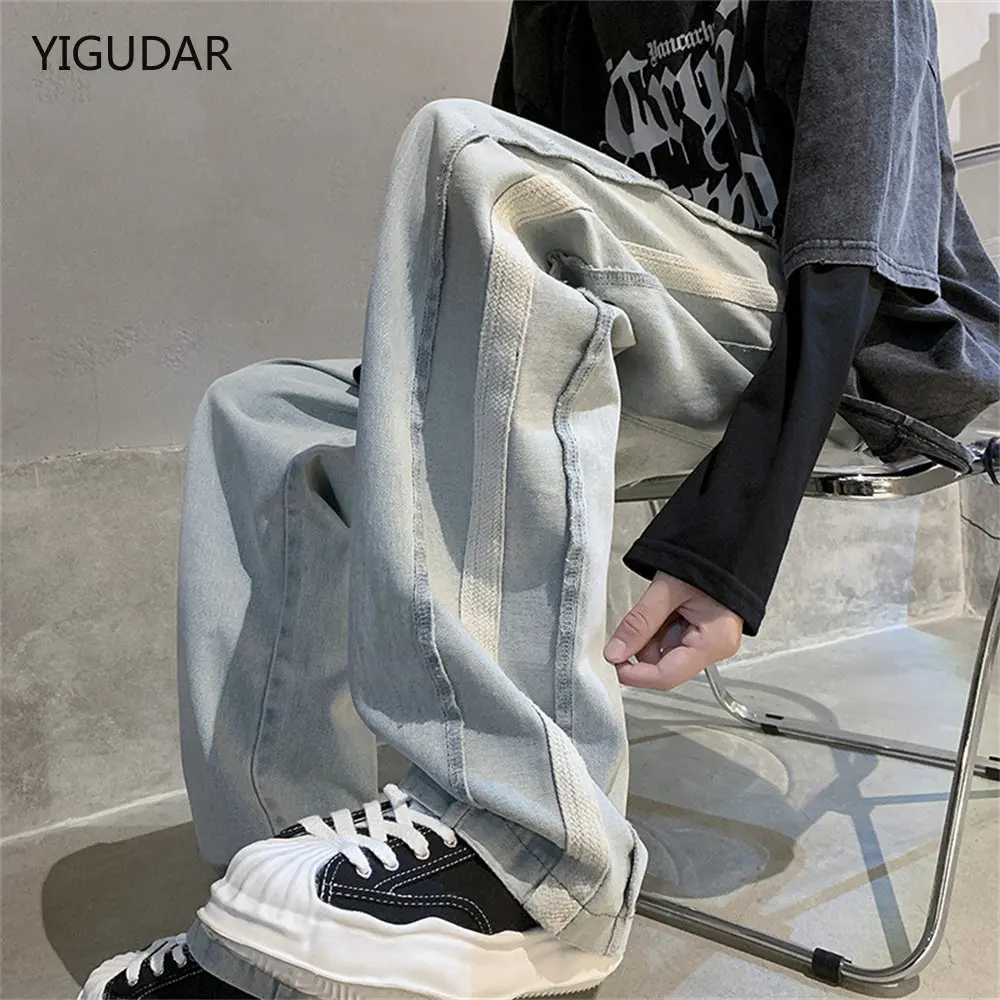 

Y2K Men's jeans European and American high street cross embroidery hip-hop tide brand straight loose wide-leg pants ins hot sale