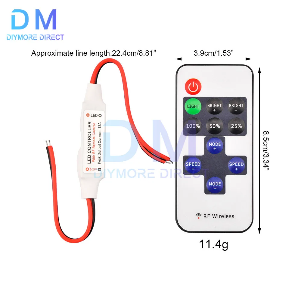 12V RF Wireless Remote Control Switch Controller LED Dimmer Mini In-line LED Light Controller