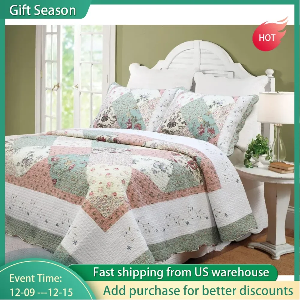 Cozy Line Home Fashion Flower True Patch Green Peach Hot Edge Rural 100% Cotton Quilt Set, Double sided Bed Sheet, 3 pieces