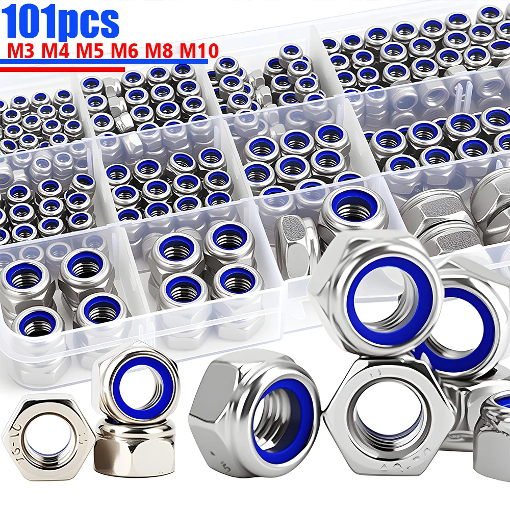 101 Pieces of Stainless Steel Nylon Anti-Slip Self-Locking Nuts M3 M4 M5 M6 M8 M10, Nylon Embedded Nuts, Hexagonal Screw Caps