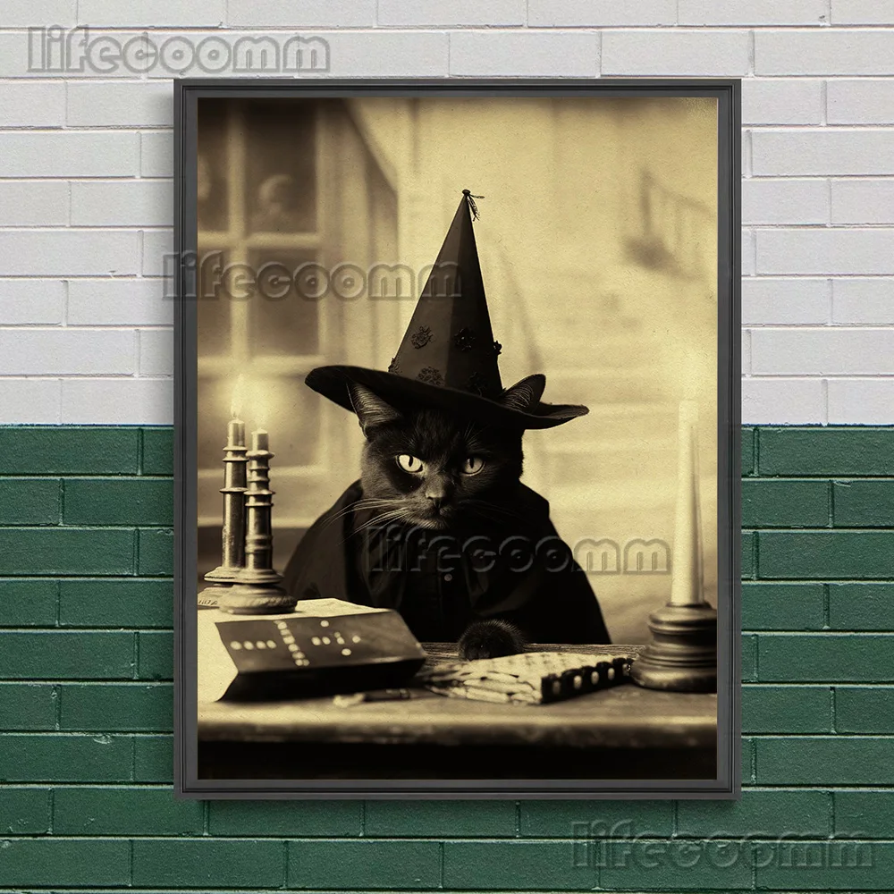 لوحة فنية على القماش لتزيين المنزل ، ملصق حيوان غامق قوطي ، قطة سوداء ، ساحرة ، صور عتيقة ، طباعة أكاديمية داكنة #4