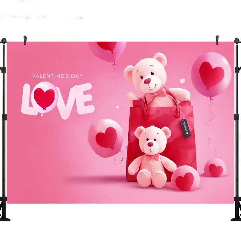 7x5FT Pink Sweet Love Heart Bear Valentine Day Custom Outdoor Weatherproof Photo Background Wrinkle Free Polyester Polycotton