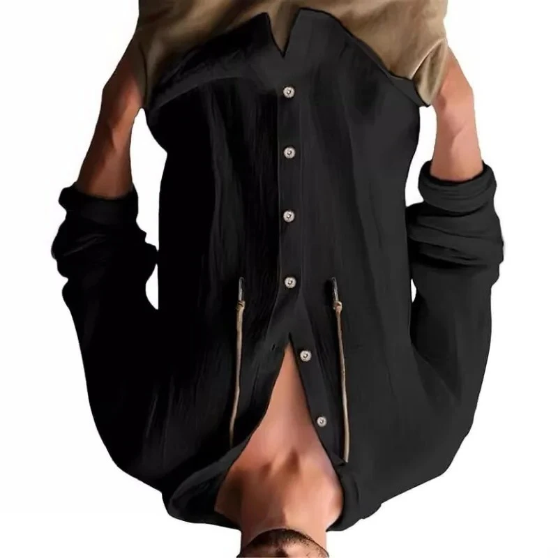Mens Clothing Hooded Drawstring Cotton Shirt Long Sleeve Single-Breasted Shirt Solid Color Loose Fit Casual Shirt Beach Cover-Up
