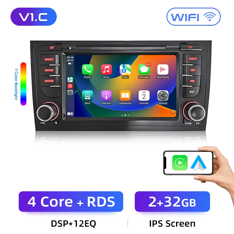 Junsun Wireless CarPlay voor Apple Android Auto autoradio voor Audi A6 C5 1997-2004 S6 RS6 4G auto multimedia GPS 2din autoradio - afbeelding 1