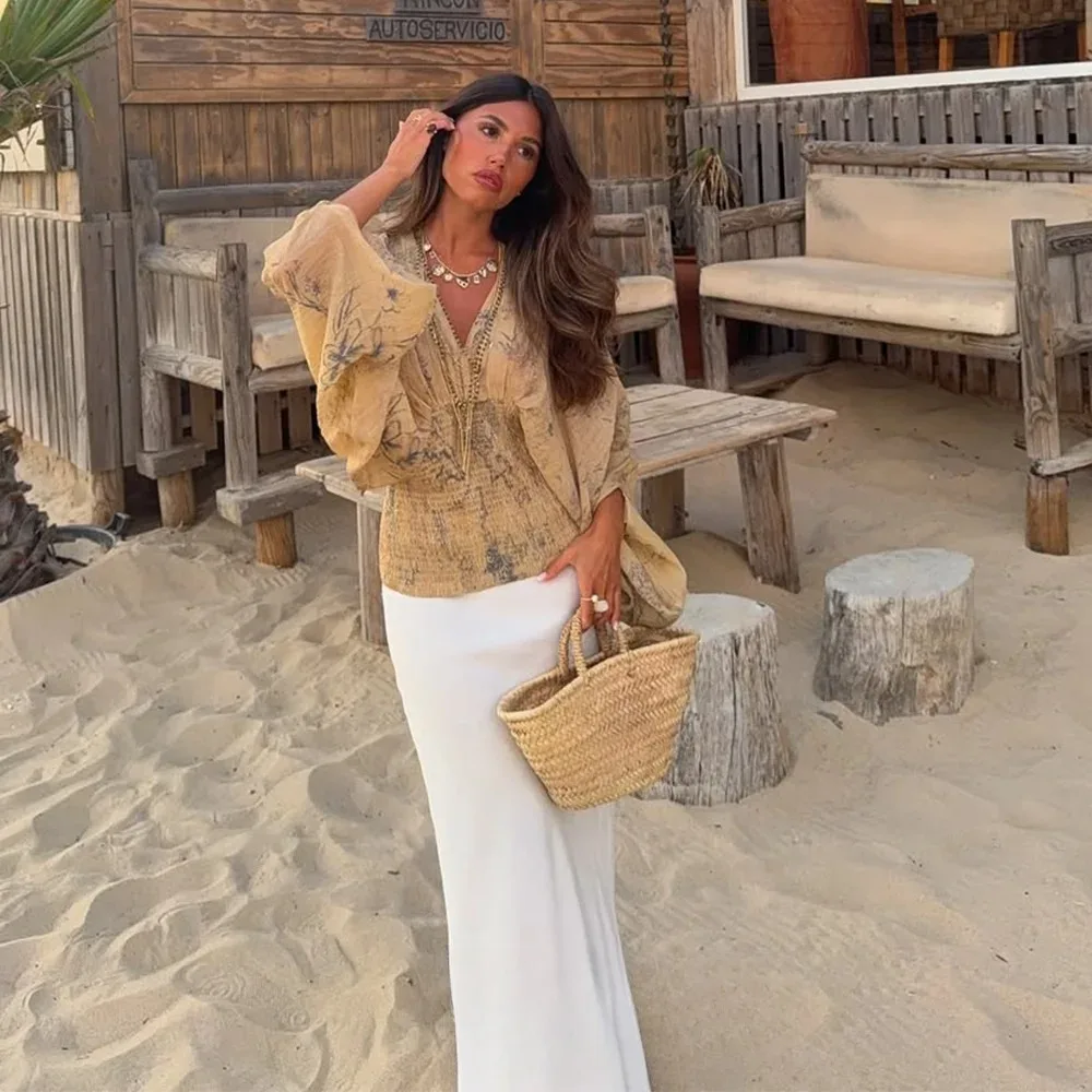 

KONDALA Boho Holiday Tie Dye Print Женские рубашки с v-образным вырезом и длинным рукавом Эластичные тонкие блузки Мода 2025 Осень-Осень Вечерние женские топы