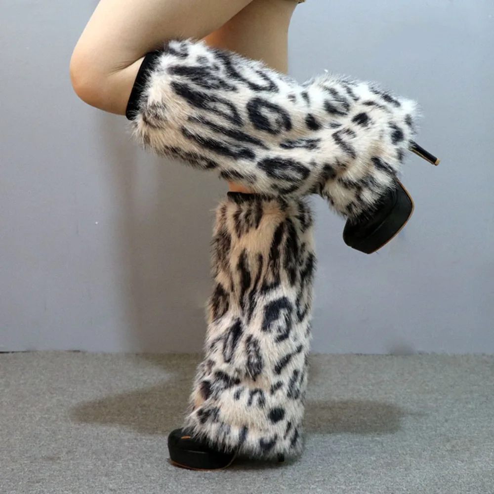 

Faux Fur Leopard Leg Warmers Thickened Japanese Style Long Tube Stockings Foot Cover Sweet Furry Leggings Sleeve Lolita JK